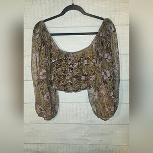 Free People Lilia Floral Cropped Top Olive, Sheer, Long Sleeve, Size S